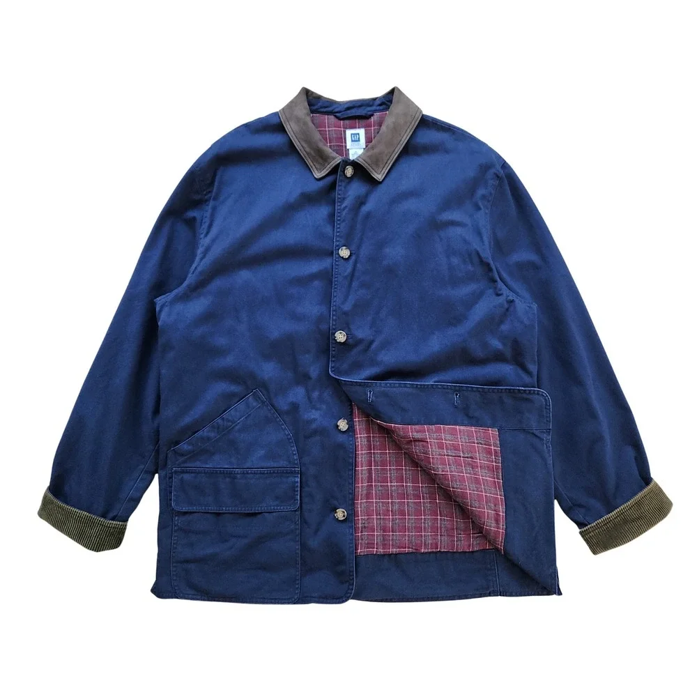 Vintage GAP Chore Jacket Size XL Navy Blue Red Plaid Flannel Lining 90s